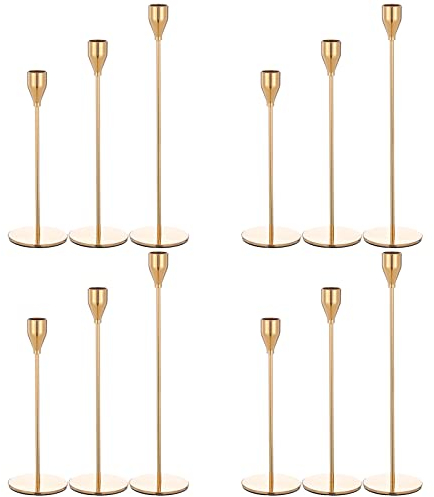 Set mit 12 goldenen Kerzenhaltern, Kegelkerzen, Kerzenständer, Vintage-Kerzenständer, passend für 3/4 Zoll Dicke Kerzen, Dekoration, Heimdekoration, Hochzeit, Candlelight-Dinner, Jubiläum