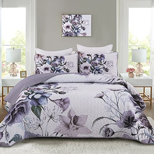Drucon Bettwäsche-Set mit Blumenmuster, Queen-Size-Bettbezug, 3-teilig, Boho-Design, Violett, Blumenmuster, weiche Mikrofaser, leicht, lila, Gesteppte Tagesdecke für alle Jahreszeiten, 228.6x243.8 cm