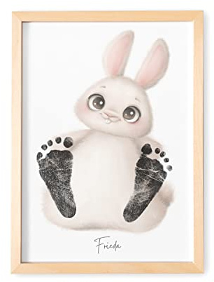 Baby Fußabdruck Bild Personalisiertes Tierbild Poster mit Tieren für Babyzimmer Deko Kinderzimmer Erinnerung an Meilenstein (OHNE FARBE) (Hase, DIN A4 | Fußlänge bis 6 cm | Alter bis 6 Monate)