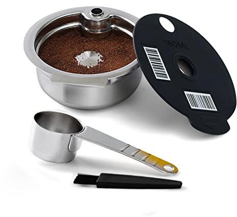 HAILASRE Capsule de café réutilisable compatible avec le Bosch Tassimo machine à café, Dosette Réutilisable en Acier Inoxydable pour Expresso avec Cuillère & Brosse (180ml)