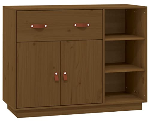 Makastle Sideboard Massivholz Landhaus Kommode Design Anrichte mit Türen & Schublade, Schubladenkommode Holz Kommodenschrank Honigbraun 98,5x40x75 cm Massivholz Kiefer