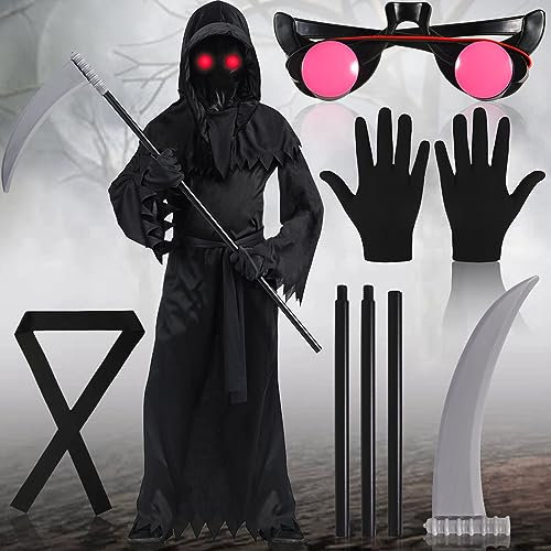 NCKIHRKK Costume da Grim Reaper Unisex, Costumi Vestito Halloween Fantasma Bambino, Con Occhiali Luminosi, Falce Dell, Guanti, Cintura, Spaventoso Morte Costume Halloween Bambina Bambino