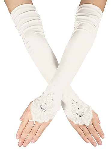 SAVITA Long Lace Gloves - Soft Fingerless Lace Gloves for Bridal Wedding, Tea Party, Masquerade (Creamy-White)