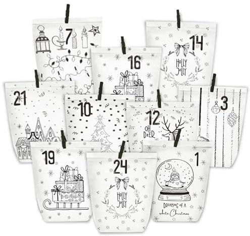 PANSIBY Adventskalender zum Befüllen, 24 Weihnachtskalender Geschenk Papiertüten Groß zum Selber Befüllen, Kraftpapiertüten Advents Tüten Selbstbefüllen mit Aufkleber für Kinder & Erwachsene