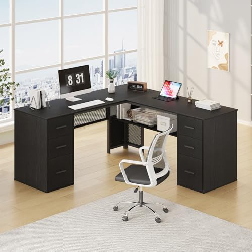 HSH Schreibtisch L Form mit StauraumEckschreibtisch mit Schubladen und Regalen Computertisch Moderner Großer Schreibtische Metall und Holz für Homeoffice Schwarz 150 cm | L-förmiger Eckschreibtisch aus Holz Schubladen und Stauraum. Moderner Computertisch für Gaming, Arbeiten im Homeoffice.
