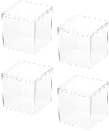 QWORK® 4 piezas Caja de exhibición acrílica, cubos de almacenamiento, 10 x 10 x 10 cm, caja transparente con tapa, para almacenar dulces, accesorios para el cabello, juguetes