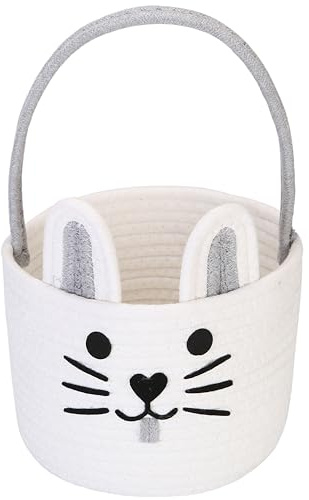 Sea Team Easter Bunny Basket for Eggs Hunt, Easter Eggs Bucket, Small Woven Cotton Rope Tote Bag with Rabbit Ears & Face & Fluffy Tail for Kids, Easter Days Decoration, Party, Holidays, Grey