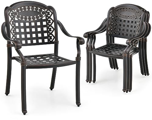 KOMFOTTEU Lot de 2 Chaises de Jardin en Fonte d’Aluminium, Chaises de Bistro avec Pieds réglables, Chaise d’Extérieur, Charge de 165 kg, pour Terrasse, Patio, Cour, Style Vintage (Bronze)