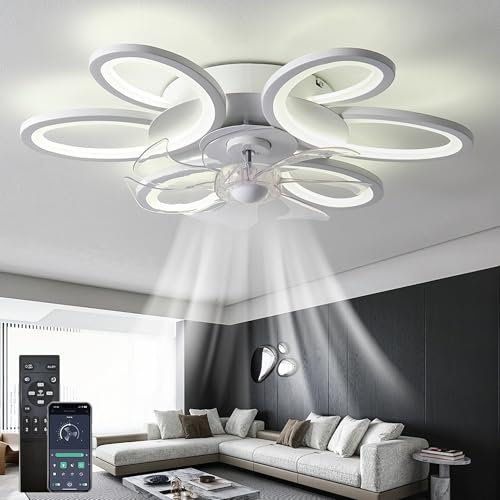 TuoyuanW Bedroom Ceiling Fans with Lights Dimmable Led Memory Function Small Fan Light Ceiling Silent Dc Reversible 6 Speed Lounge Ceiling Light with Fan Timer Modern, White, Remote+APP
