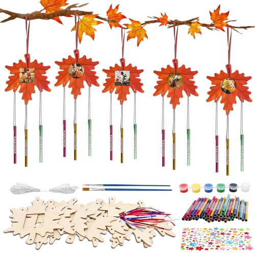 DKINY 10 Stück Ahornblatt Bilderrahmen Bastelset für Kinder Ahornblätter Windspiel aus Holz zum Basteln und Bemalen DIY Herbstblätter Holzfotorahmen Kreativeset Geschenk für Junge Mädchen Herbst