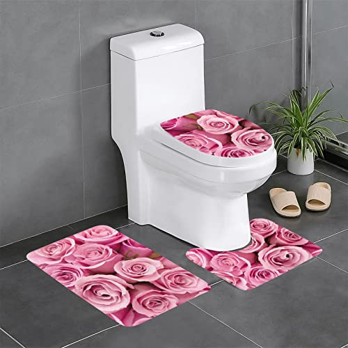 FLYIFE Badematten-Set, Motiv: rosa Rose, 3-teilig, Flanell, rutschfest, wasserabsorbierend, mit U-förmiger WC-Vorleger und WC-Deckelbezug