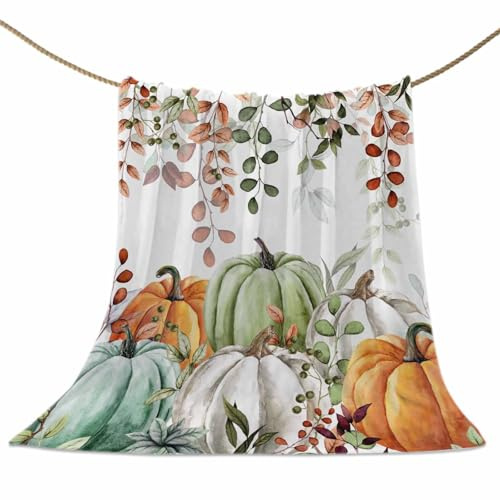 Coperta autunnale del Ringraziamento, con zucche autunnali e foglie di eucalipto, in morbido pile, decorativa, per casa, divano, sedia, soggiorno, camera da letto, 76 x 101 cm, blu, verde salvia e