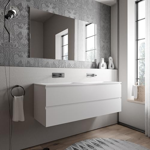 BERNSTEIN Badmöbel-Set Ava 140cm bestehend aus Mineralguss-Doppel-Waschbecken mit Unterschrank in Weiß matt, Waschtisch BRUXELLES - Weiß matt ohne Hahnloch, Ideal für große Bäder