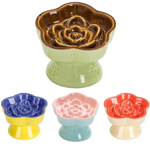 S&Q's CERAMICS Raised Slow Feeder Cat Bowl, Ceramic Elevated Cute Pet Food Bowl Small Dogs Slow Feeder, Flower Shaped Cute Cat Dish for Dry and Wet Food (Brown, 5.8)