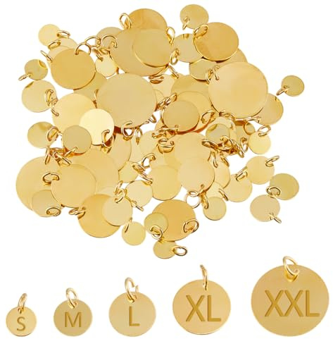 SUPERFINDINGS 110 Stück 5 Größe 8/10/12/15/20mm Messing Stamping Charms Flat Round Metal Blank Tag Charms Golden Blanks Anhänger mit Ring für Initial Halskette Freundschaft Armbänder