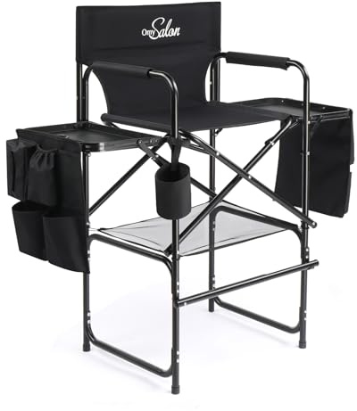 OmySalon Tall Folding Directors Chair with Side Table Storage Bag, Aluminum Frame 300 lbs Capacity, Portable Makeup Artist Bar Height, 19.7 D x 24.6 W x 45.7 H(Black)