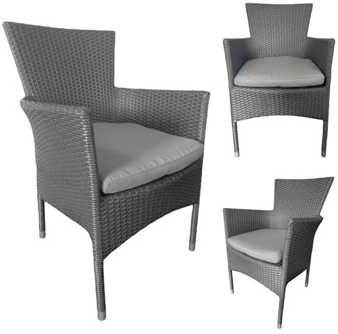 Acht & Acht Hochwertiger Polyrattan Gartenstuhl wetterfest, Stapelbar, höhenverbis zu 140 kg belastbar, Rattan Stuhl mit Alu Füßen und extra Bodenschutzkappen, inkl. 6 cm Sitzkissen (Grau)