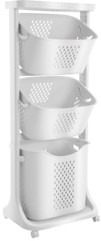 HUSPOO Wäschekorb 3 Fächer mit Rädern, Korb für Schmutzige Wäsche, Wäschekorbwagen Mehrstöckig Kunststoff Wäschekorb, Laundry Basket Kunststoffkorb für Wäsche Wäschebox Wäschesammler, Weiß