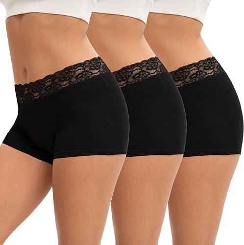 INNERSY Boxer Mujer Algodon con Encaje Bragas Culotte Shorts Midi Pack de 3 | Ropa Interior Cintura Media, Calzoncillos Short Elástico, Pantalones Cortos Suaves y Cómodos, Entrepierna 100% Algodón