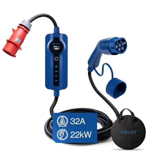 VOLDT Typ 2 Ladekabel 22KW EV-Ladegerät mit CEE-Stecker, 8 A - 32 A dreiphasige Mobile Wallbox-Ladestation mit Display für Elektrofahrzeuge IP69, TÜV, CE geschützt tragbares Ladegerät