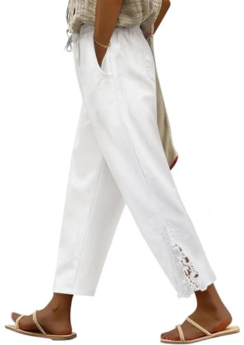 UMIPUBO Womens Trousers Summer 7/8 Length Cotton Lightweight Trousers Ladies Elasticated Waist Pants Beach Bottoms Trousers Ankle Tapered Casual Drawstring Work Holiday (White, M)