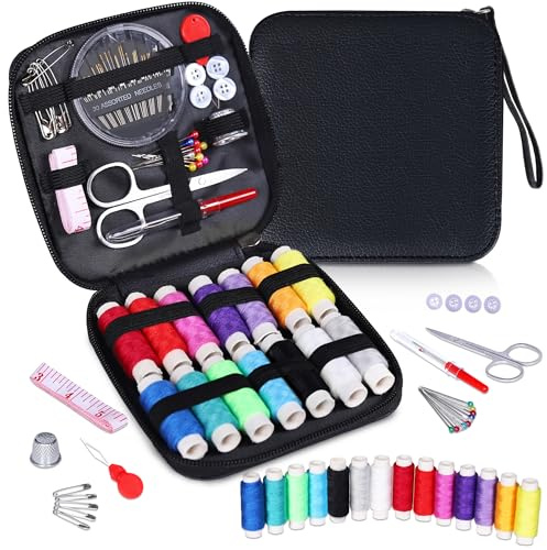 Nähset, Reise-Nähset mit Lederetui, 14 Fäden und Nadeln, Zubehör für Erwachsene, Heimwerken, Zuhause, Reisen und Notfall, kompakt, klein, Schwarz