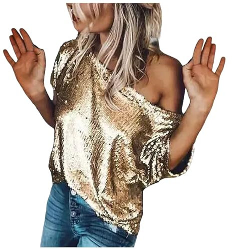 Damen Kurzarm Glitzer Oberteile Schulterfrei Pailletten Shirt Tunika Lässig Party Club Blusen Glitzer Party Tops Festliches Outfit Off Shoulder Pailletten Party Oberteile Oversize T-Shirt (Gold, XXL)