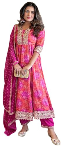 The Red Lion Enterprise Women's Long Anarkali Gown with Embroidered Dupatta Perfect for Weddings & Festive wear, Pink, L