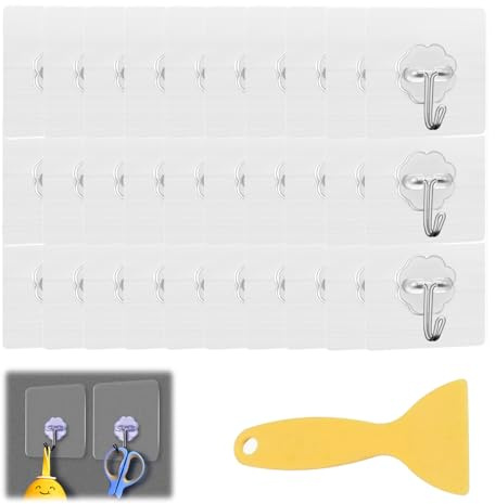 ZWWOGE 30 Pieces Crochets Auto Adhesifs Charge Crochets Autocollants avec Grattoir, Accrocher Transparents Impermeables Crochets Collants Utilitaires Acier Inox Portes Manteaux Bain