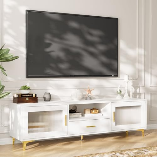 VOWNER TV-Board Weiß Gold, Modernes Lowboard 150cm für 55/60/65 Zoll TV, Fernsehuntertisch mit viel Stauraum & Schubladen, Stylischer Mediaschrank für Wohnzimmer & Schlafzimmer