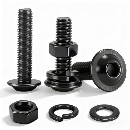 20 bulloni con testa a bottone flangiata, M6 x 25 mm, in acciaio inox nero, con dadi, rondelle piatte e di bloccaggio, kit di bulloni a brugola in acciaio inossidabile 304 per mobili, telaio del letto
