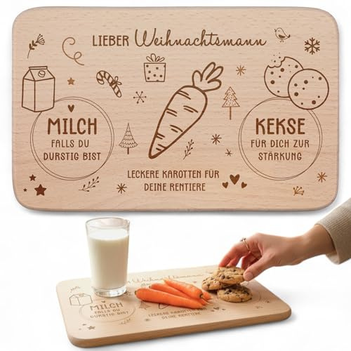 MIJOMA Frühstücksbrettchen Weihnachtsmann für Kinder – Holzbrett aus Buchenholz mit Gravur – Geschenkidee Weihnachten – Brett für Milch Kekse & Karotten