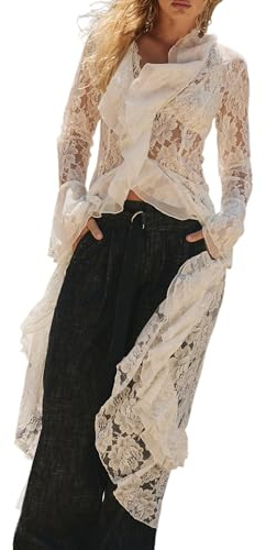 Cardigan da donna in pizzo a maniche lunghe velato e fluido, maxi spolverino coprente con cravatta frontale increspatura boho elegante top a strati, bianco, M