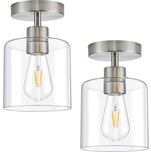 2 Stück 15cm Industrial Klares Glas Deckenlampe mit Metallsockel in Nickel | E27 Deckenleuchte für Küche Flur Esszimmer Eingang Hall Hallway Gang Eingangsbereich Corner Corridor Korridor Kueche