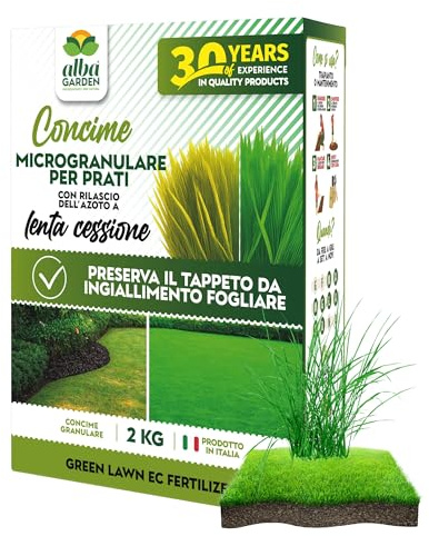 Albagarden – Concime Prato Microgranulare Lenta Cessione – 2 kg – Preserva il Tappeto da Ingiallimento Fogliare – Fertilizzante Prato Erboso NPK 15-9-15 con Ferro e Magnesio - Made in Italy