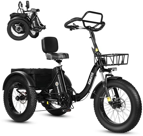 ESKUTE Elektro Dreirad für Erwachsene T302 Pro, 48V 20,8Ah Akku, faltbares E-Bike Dreirad mit Tiefeinstieg, 20×4 Zoll Fat Tires Elektrofahrrad, 7-Gang, 25 km/h, 60–130 km Schwarz