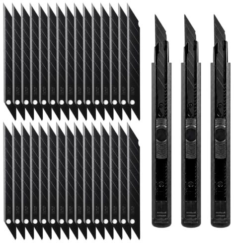 Juego de 3 Cutter Pequeño de 9 mm con 30 Cuchillas de Repuesto, Cutter Retractil Profesional con Guía Metálica y Hojas de Acero Inoxidable 30°, Navaja Pequeña para Papel, Cartón, Tela