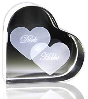 VIP-LASER GlasHERZ L mit zwei großen Herzen und Deinen Namen graviert. Wir gravieren Deine Wunschnamen kostenlos ein - das ideale Partner Liebesgeschenk Geschenk zum Valentinstag, Weihnachten , Jahrestag oder zur Verlobung! Partnergeschenk