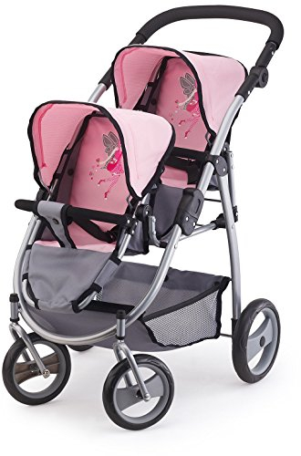 Bayer Design 26508Aa, Carrito Doble Para Muñecas, Comruedas Delanteras Giratorias, Color Gris, Rosa