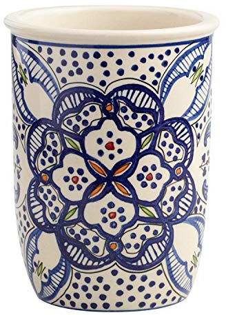 Ceramic Utensil Crock, Utensil Holder - Hand Crafted and Hand Painted North African Design Blue and white.