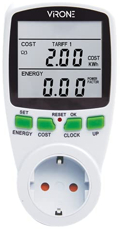 Virone Misuratore Consumo Elettrico a Presa con Schermo LCD Potenza - Massima 3680W - 2 Tariffe Separate - Batteria interna - Versione Schuko