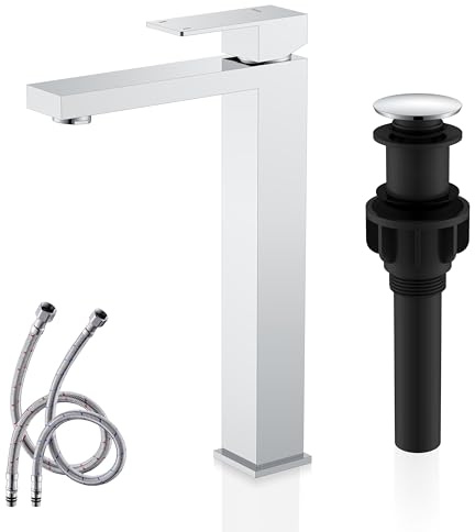 KENES Chrome Bowl Vessel Sink Facuet Single Handle Tall Bathroom Sink Faucet Bathroom Vanity Faucet Basin Mixer Tap with Water Supply Lines and Pop Up Sink Drain, LJ-9031A-5
