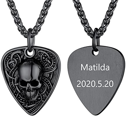 U7 Collana Uomo con Ciondolo Plettro Chitarra con Teschio Acciaio Inossidabile Nero Collana Teschio Uomo con Cranio Punk Rock Idee Regalo Halloween per Ragazzo