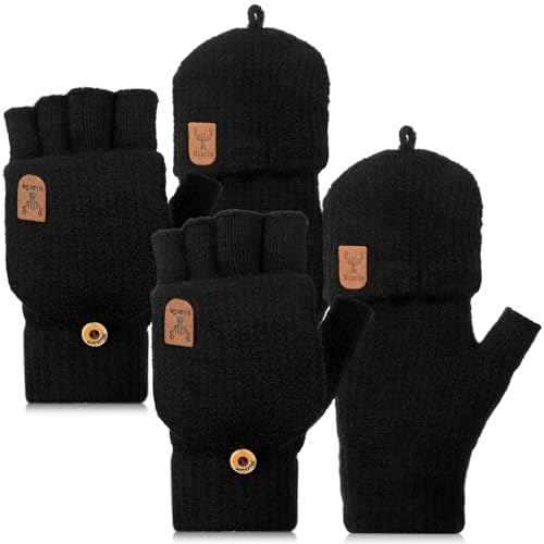 Neer 2 Paar Damen Fingerlos Handschuhe mit Kappe Strick Halbfinger Fäustlinge Warm Winterhandschuhe (Pechschwarz)