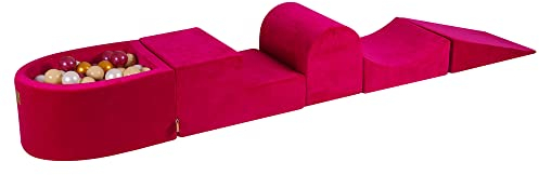 MEOWBABY Schaumstoff Bausteine Kinder - Bausteine XXL aus Schaumstoff mit Bällebad und 100 Bälle für Kinder - Baby Softbausteine zum Klettern, Samt, Magenta