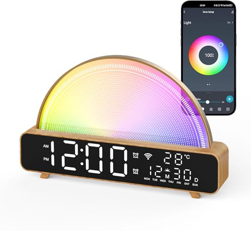 Sunrise Alarm Clock, Wake Up Light with Sunrise Simulation, White Noise Machine, Baby Sound Machine, Multicolor Night Light with 13 Soothing Sounds, Room Thermometer, APP/Touch/Voice Control (Wood)