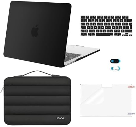 MOSISO Kompatibel mit MacBook Air 13 Zoll Hülle M5 M4 M3 M2 2026-2022 13,6 | Kratzfest Hartschale&Puffy Laptoptasche&Tastaturschutz&Webcam Cover&Displayschutz A3449 A3240 A3113 A2681, Schwarz