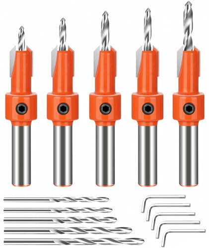 Nutmanel 5PCS Countersink Drill Bit Set, 8mm Adjustable Quick Release Countersink Set, Quick Change Wood Drill Bit Set, Include 5Pcs Free Replaceable Drill Bits, for Woodworking Countersink Drill Bits