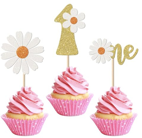 SYKYCTCY 24 Pack 1st Birthday Daisy Cupcake Toppers Glitter One Daisy Cupcake Picks Spring Daisy Flower Chrysanthemum First Birthday Cupcake Decorations Kids birthday Party Supllies Gold