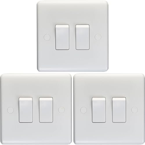 3 Pack 2 Gang Double 10A Light Switch 2 Way - White Plastic Wall Plate Rocker - Decorative Kitchen Living Room Bedroom Plate